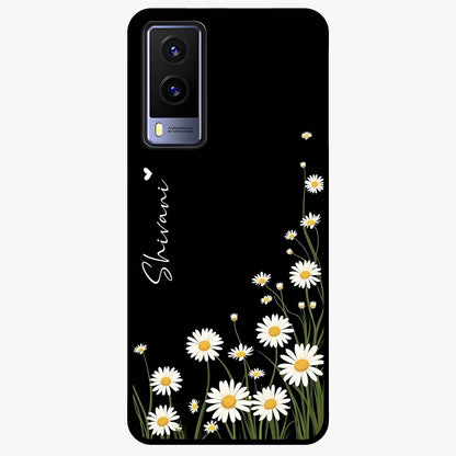 Daisy Cascade Custom Name Glass Case showing flat back view with cascading daisy flowers and personalized name design.