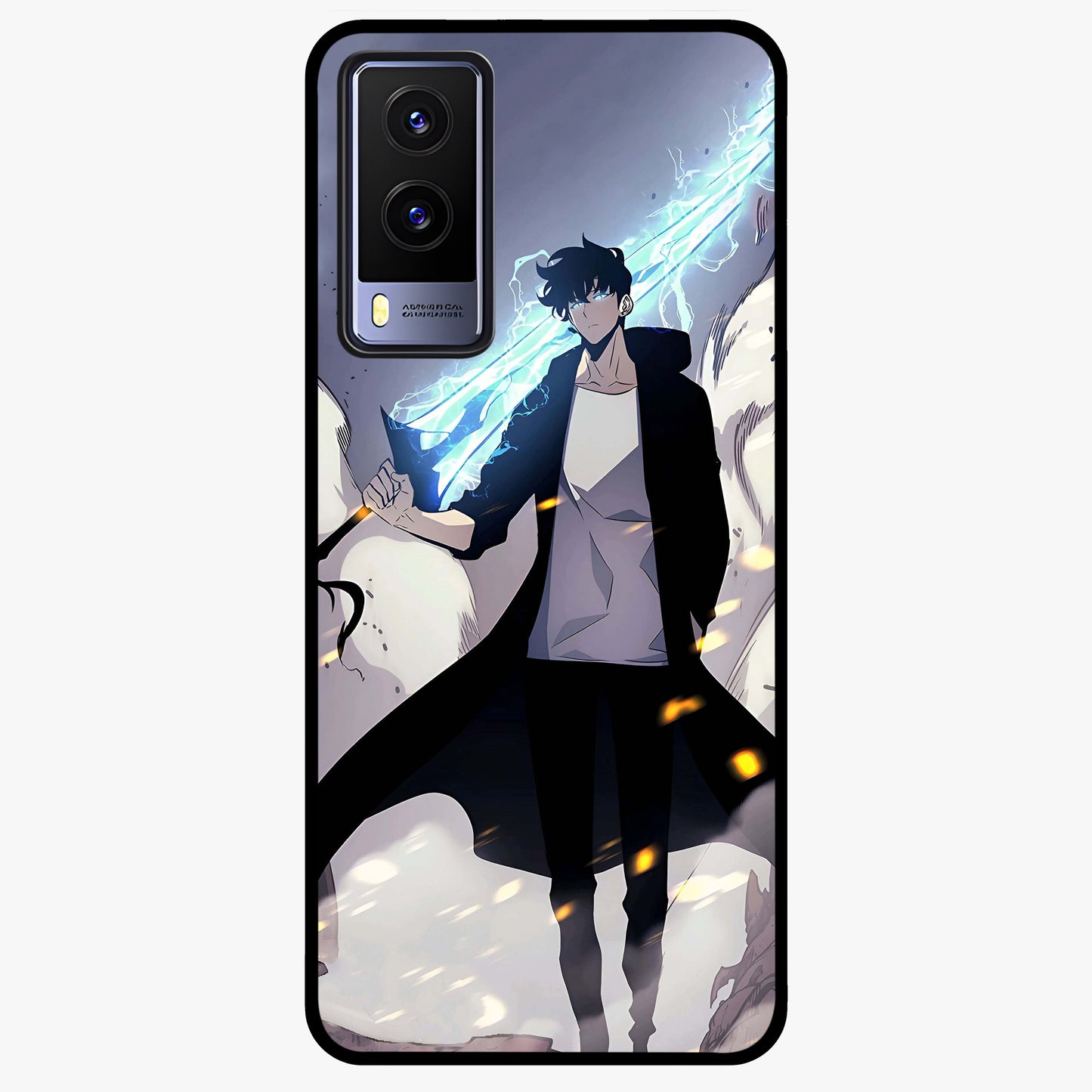 Dark Lightning Anime Warrior Glass Case showing flat back view with intense anime warrior artwork and glossy glass finish.