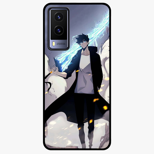 Dark Lightning Anime Warrior Glass Case showing flat back view with intense anime warrior artwork and glossy glass finish.