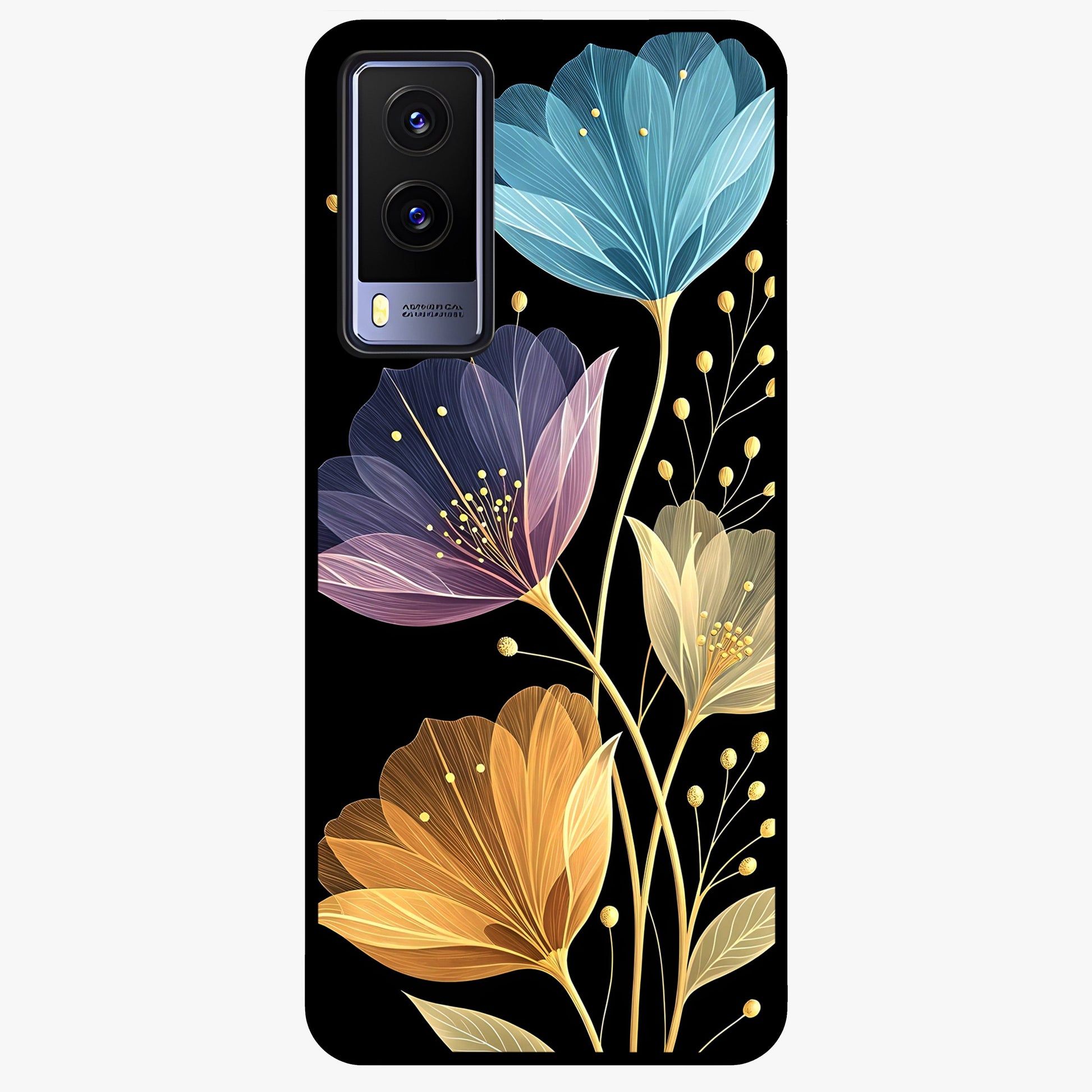 Delicate Multicolor Flowers Glass Case showing flat back view with vibrant floral artwork and glossy glass finish.
