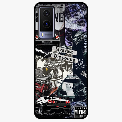 Die Young Glass Case showing flat back view with bold artistic typography design and glossy glass finish.
