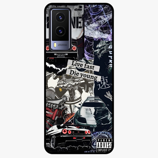Die Young Glass Case showing flat back view with bold artistic typography design and glossy glass finish.