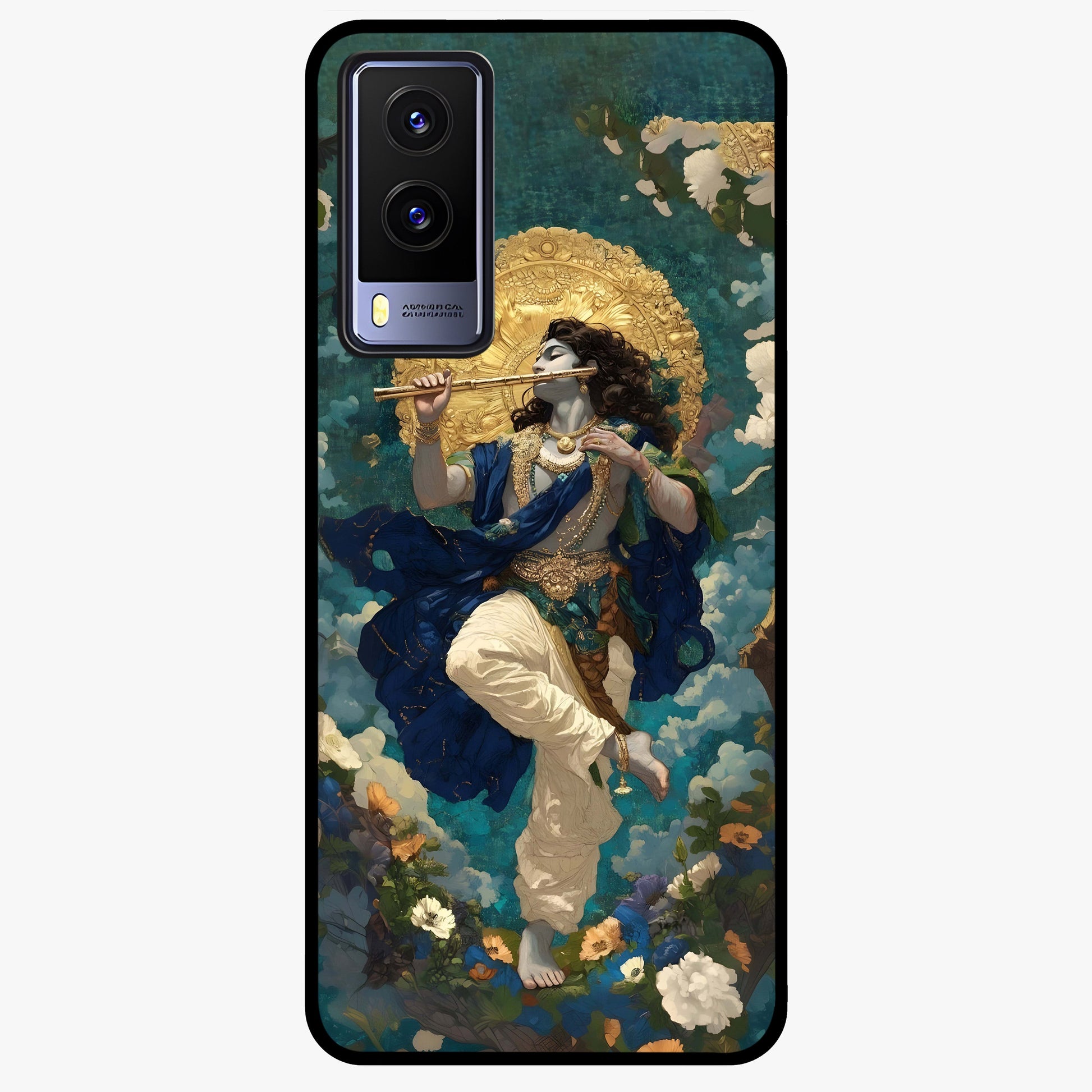 Divine Krishna Art Glass Case showing flat back view with Lord Krishna artwork and glossy glass finish.