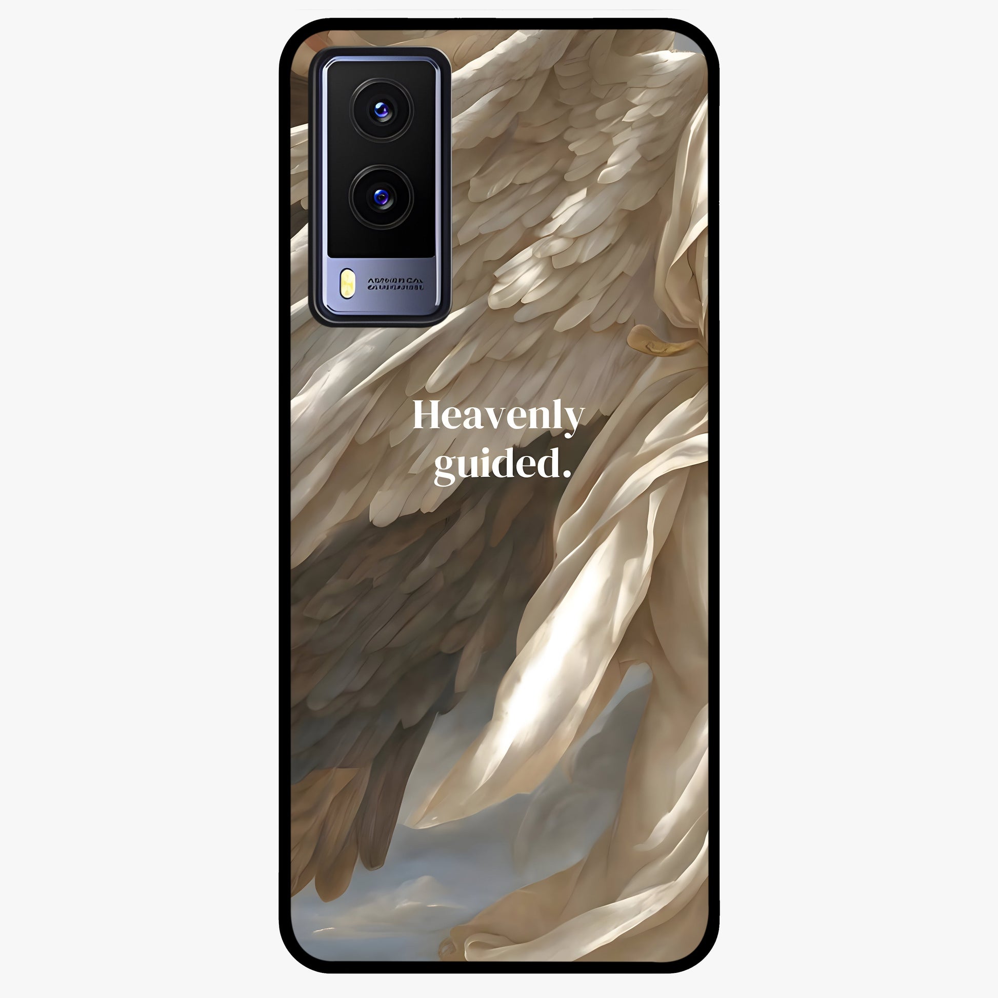 Divine Winged Grace Glass Case showing flat back view with elegant wing inspired artwork and glossy glass finish.