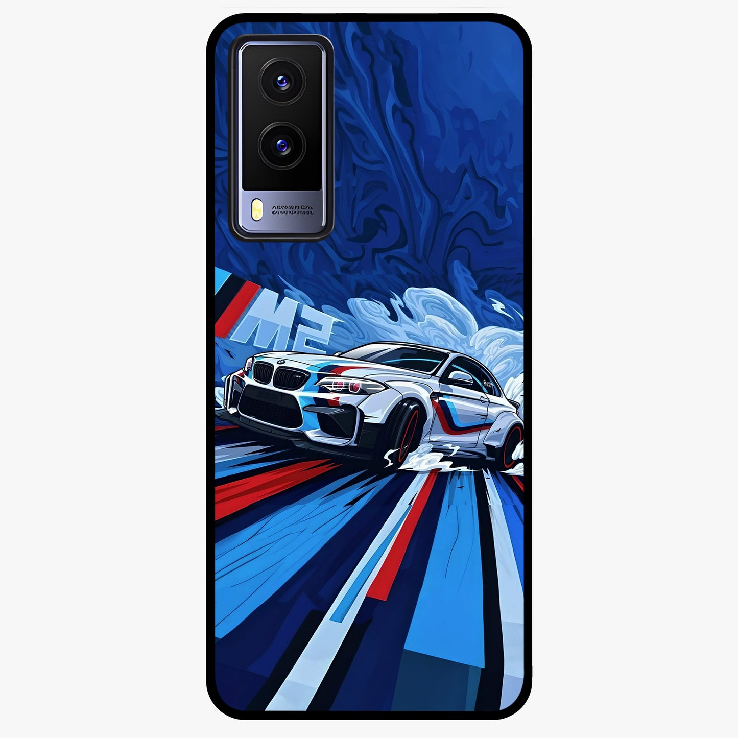 Drift Power Rush Glass Case showing flat back view with dynamic racing inspired artwork and glossy glass finish.