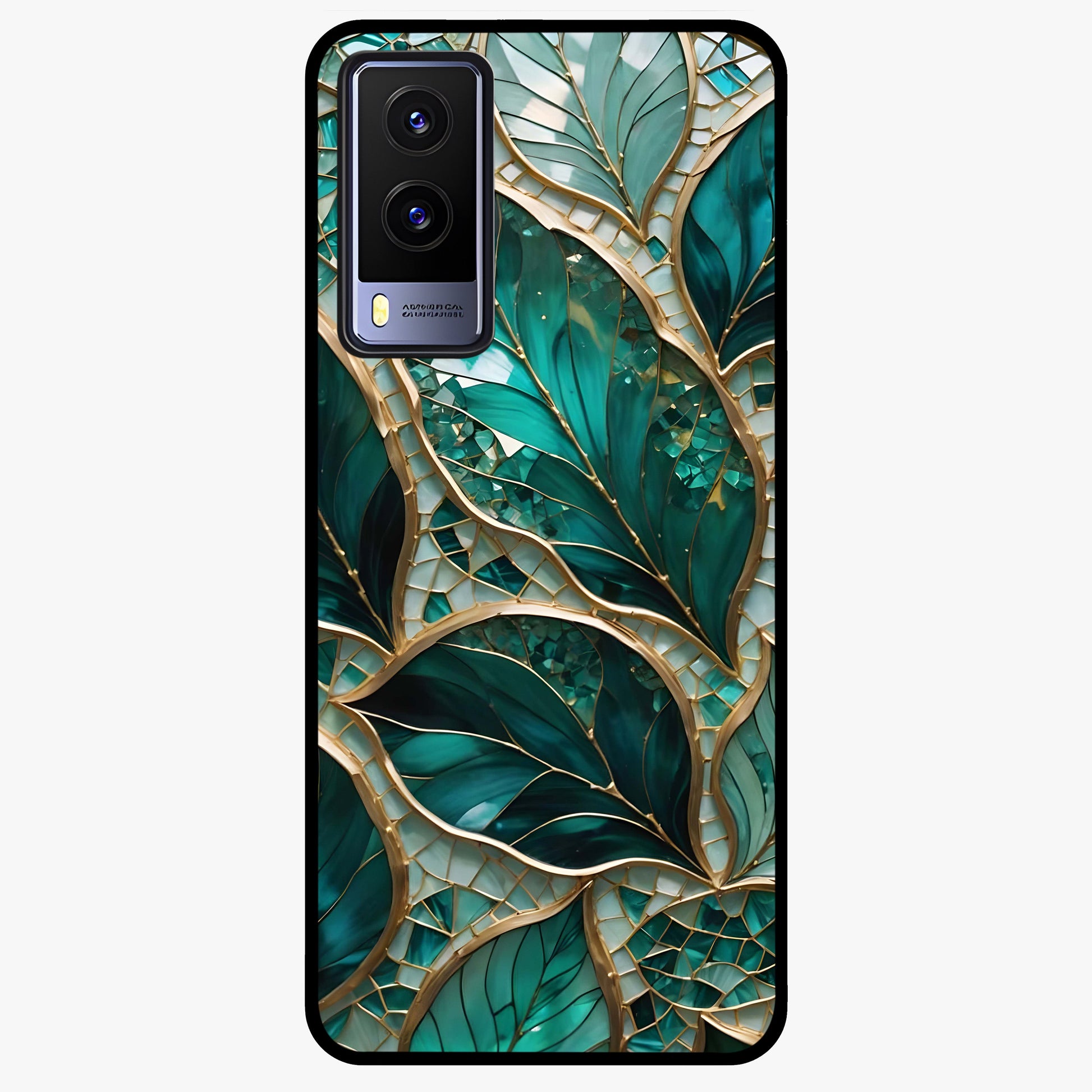 Emerald Leaf Glass Glass Case showing flat back view with emerald green leaf artwork and glossy glass finish.