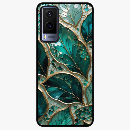 Emerald Leaf Glass Glass Case showing flat back view with emerald green leaf artwork and glossy glass finish.