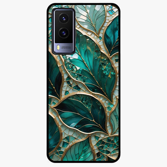 Emerald Leaf Glass Glass Case showing flat back view with emerald green leaf artwork and glossy glass finish.