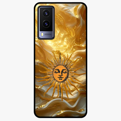 Eternal Golden Glow Glass Case showing flat back view with radiant golden themed artwork and glossy glass finish.