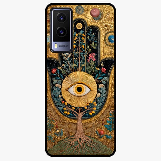 Ethereal Evil Eye Glass Case showing flat back view with mystical evil eye artwork and glossy glass finish.
