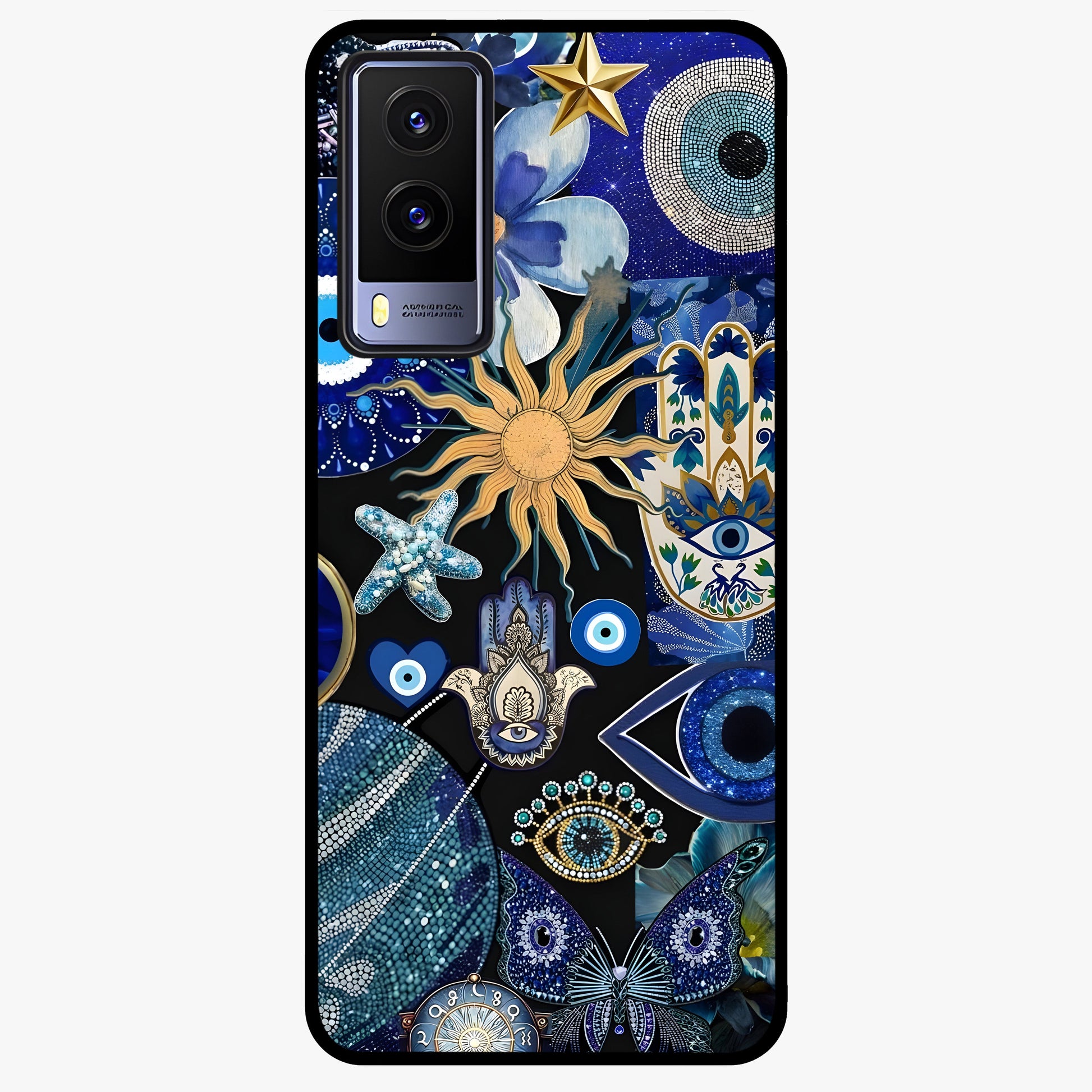 Evil Eye Charm Mix Glass Case showing flat back view with multiple evil eye charms artwork and glossy glass finish.