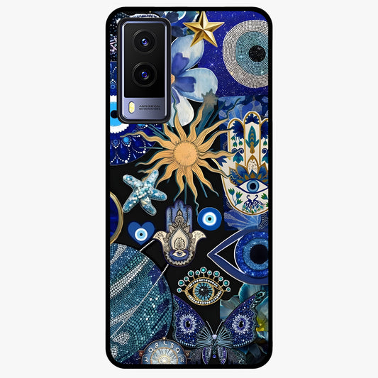Evil Eye Charm Mix Glass Case showing flat back view with multiple evil eye charms artwork and glossy glass finish.