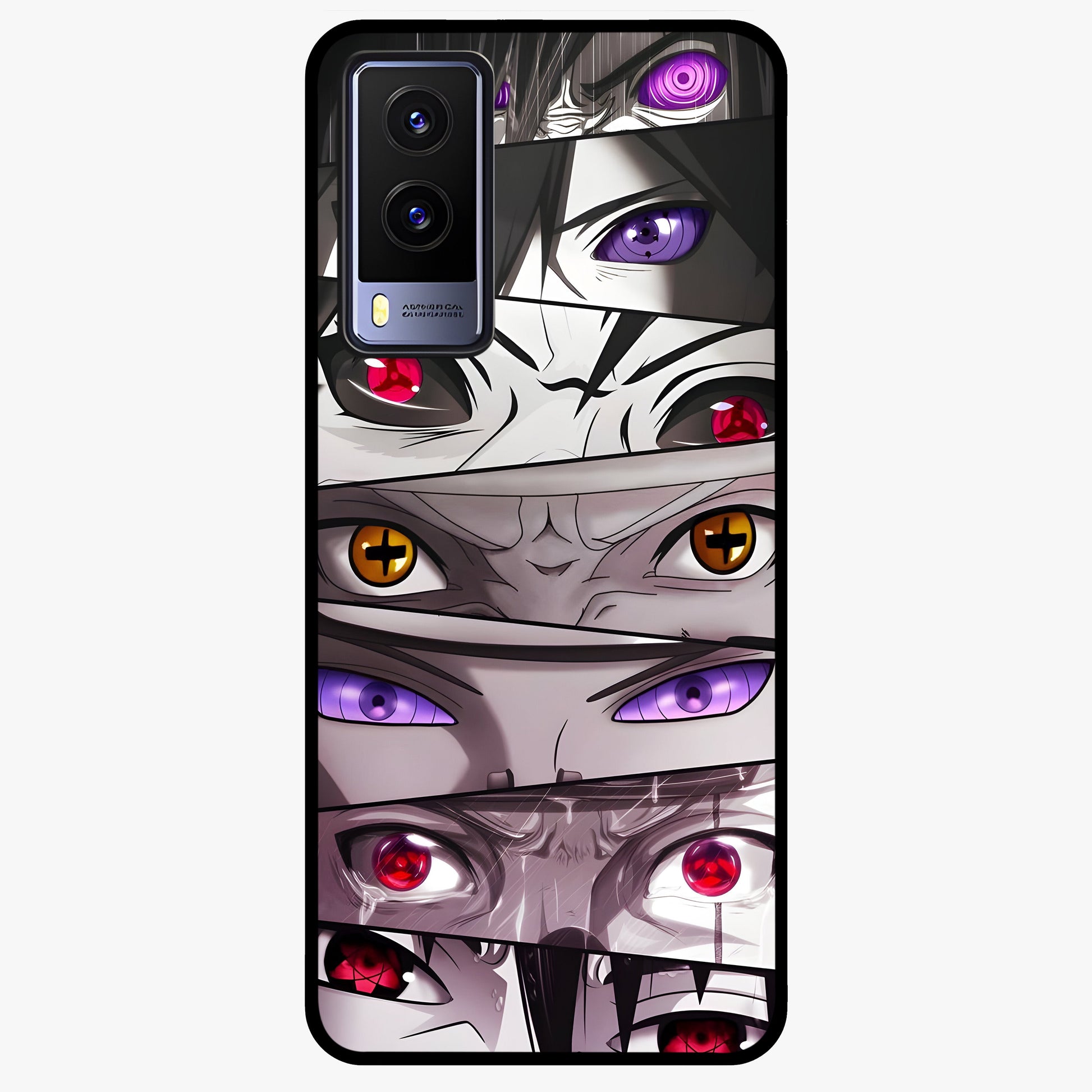 Eyes of Destiny Glass Case showing flat back view with striking eye themed artwork and glossy glass finish.