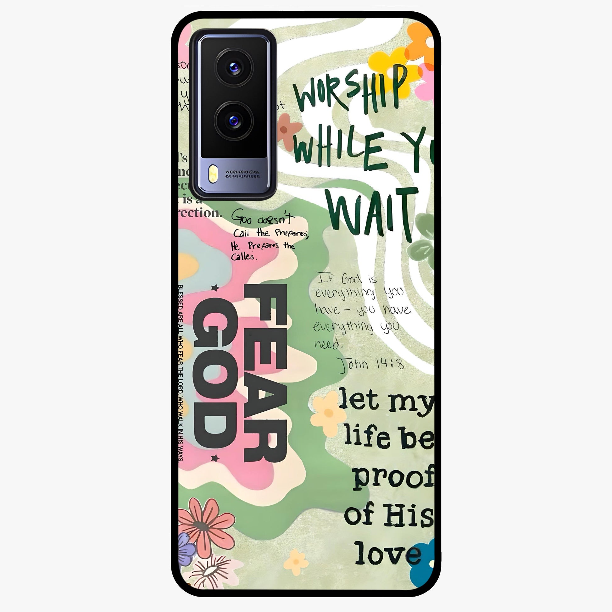 Faith Over Fear Glass Case showing flat back view with motivational typography artwork and glossy glass finish.