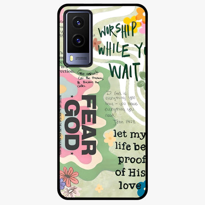 Faith Over Fear Glass Case showing flat back view with motivational typography artwork and glossy glass finish.
