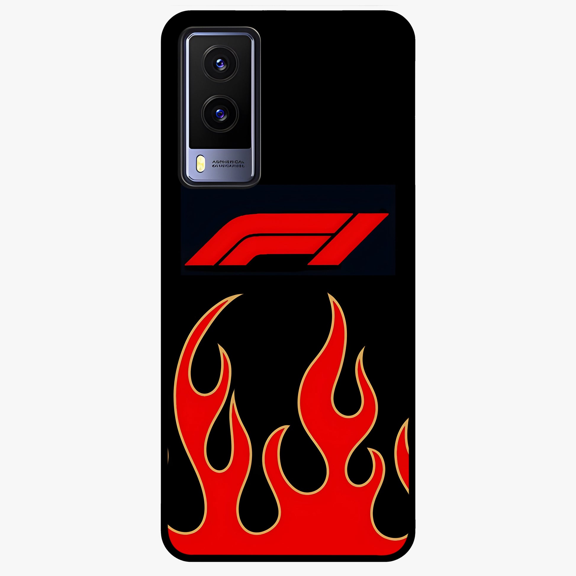 Fire F11 Glass Case showing flat back view with fiery themed artwork and glossy glass finish.