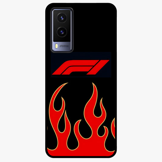 Fire F11 Glass Case showing flat back view with fiery themed artwork and glossy glass finish.