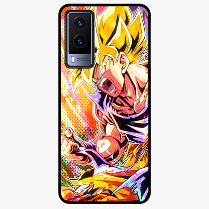 Firing Goku Glass Case showing flat back view with powerful anime inspired artwork and glossy glass finish.