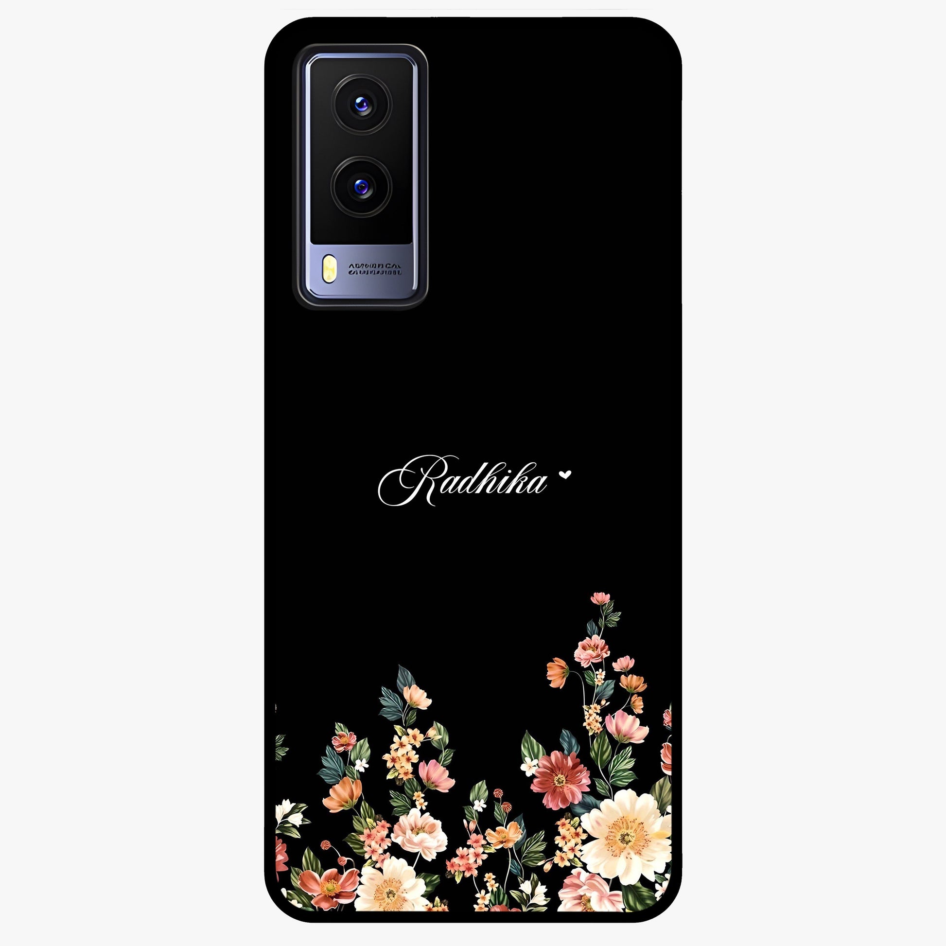 Floral Design With a Custom Personalized Name Glass Case showing flat back view with floral artwork and personalized name design.