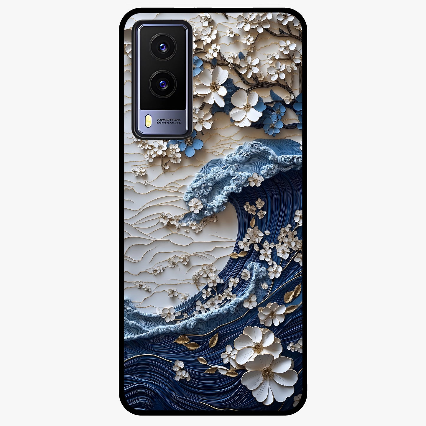 Floral Wave Origami Glass Case showing flat back view with origami inspired floral wave artwork and glossy glass finish.