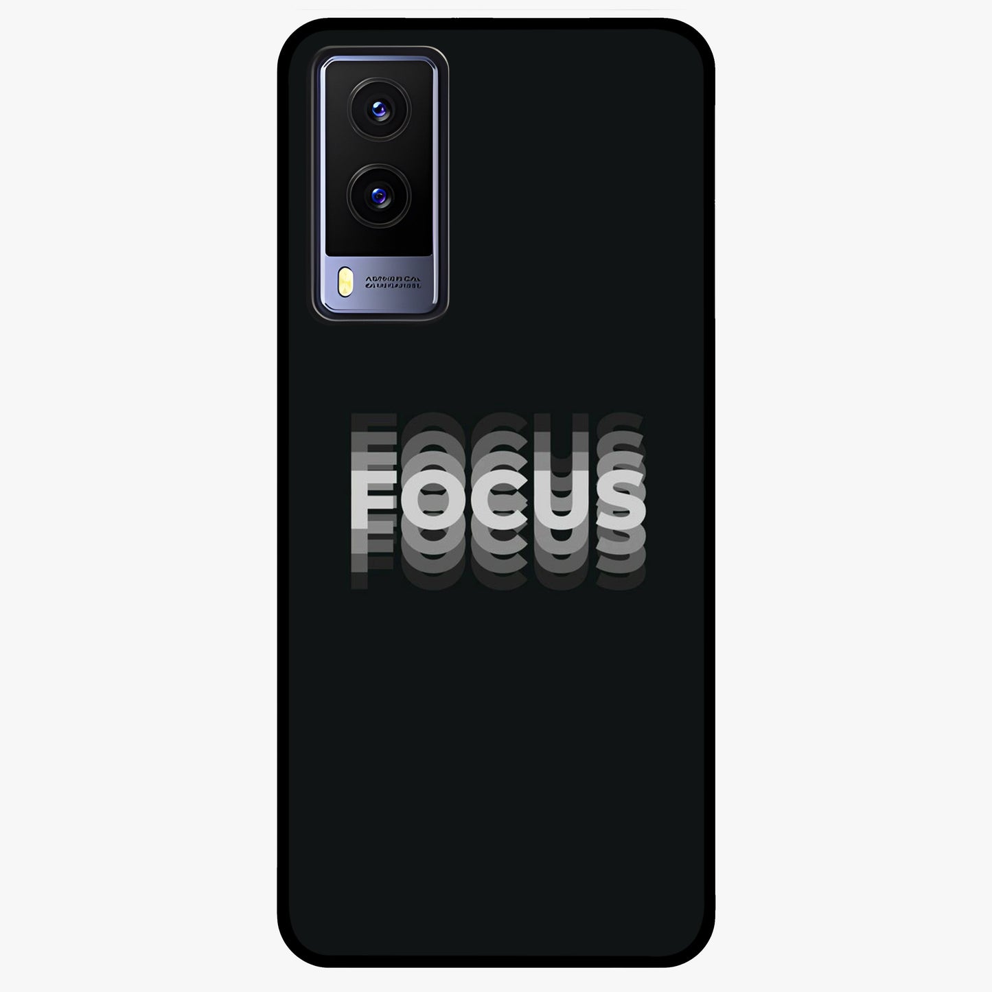 Focus Mode On Glass Case showing flat back view with bold motivational typography design and glossy glass finish.