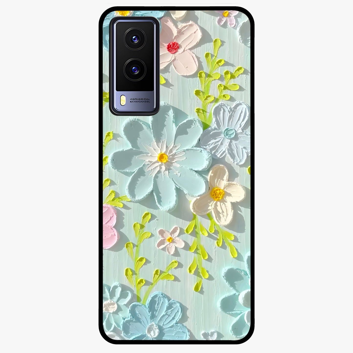 Frosted Petal Garden Glass Case showing flat back view with soft frosted floral artwork and glossy glass finish.