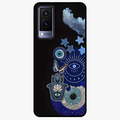 Galactic Charm Cluster Glass Case showing flat back view with glowing celestial charm artwork and glossy glass finish.