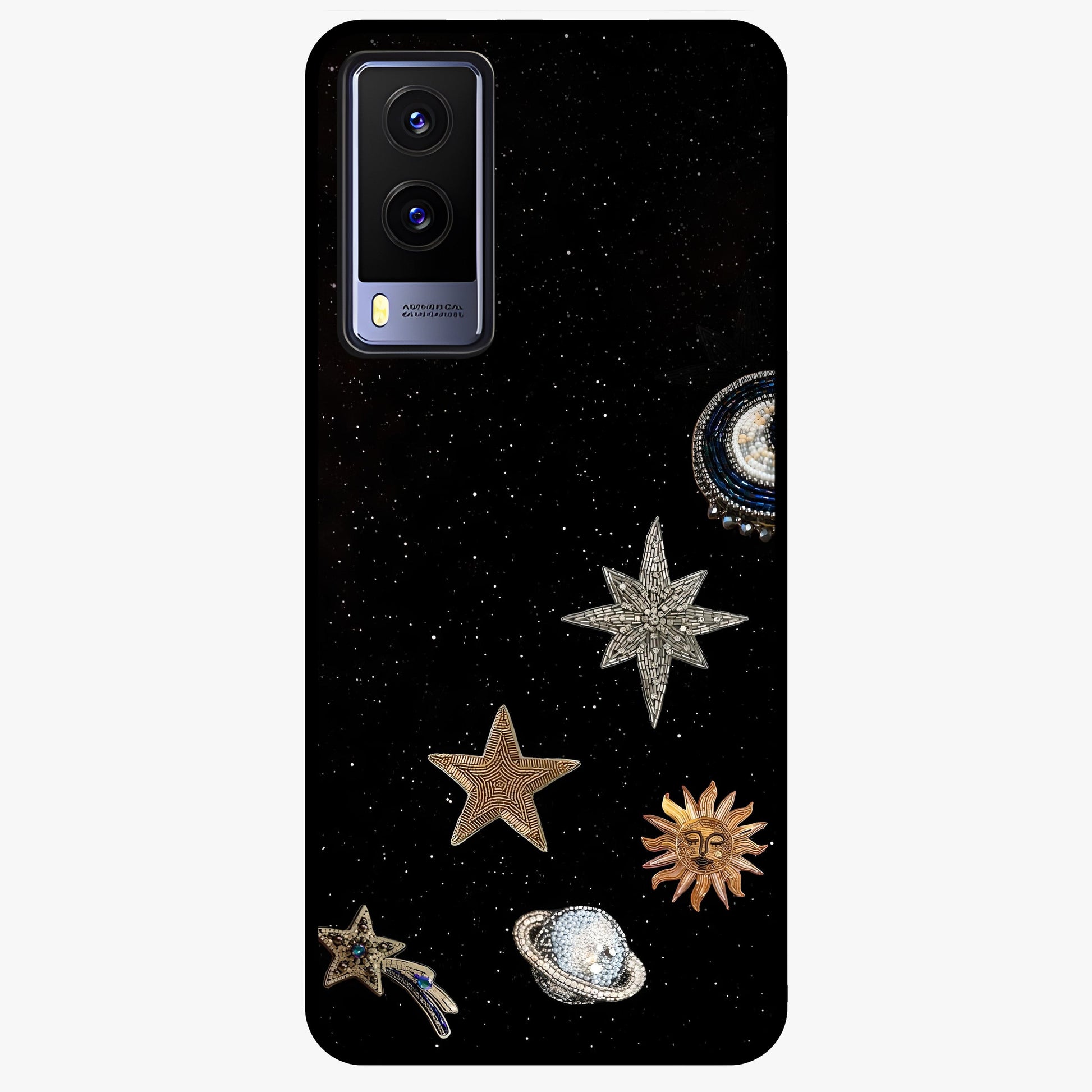 Galactic Charm Glow Glass Case showing flat back view with glowing celestial charm artwork and glossy glass finish.
