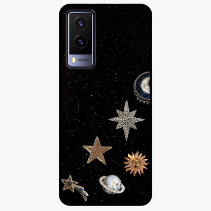 Galactic Charm Glow Glass Case showing flat back view with glowing celestial charm artwork and glossy glass finish.