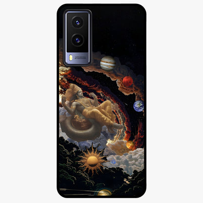 Galactic Divine God Glass Case showing flat back view with divine cosmic themed artwork and glossy glass finish.