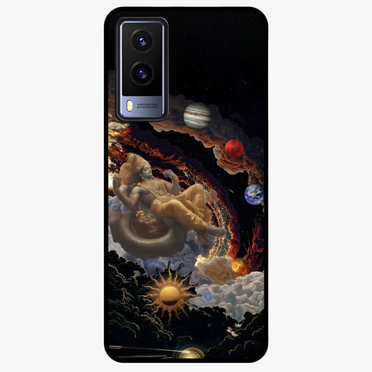 Galactic Divine God Glass Case showing flat back view with divine cosmic themed artwork and glossy glass finish.
