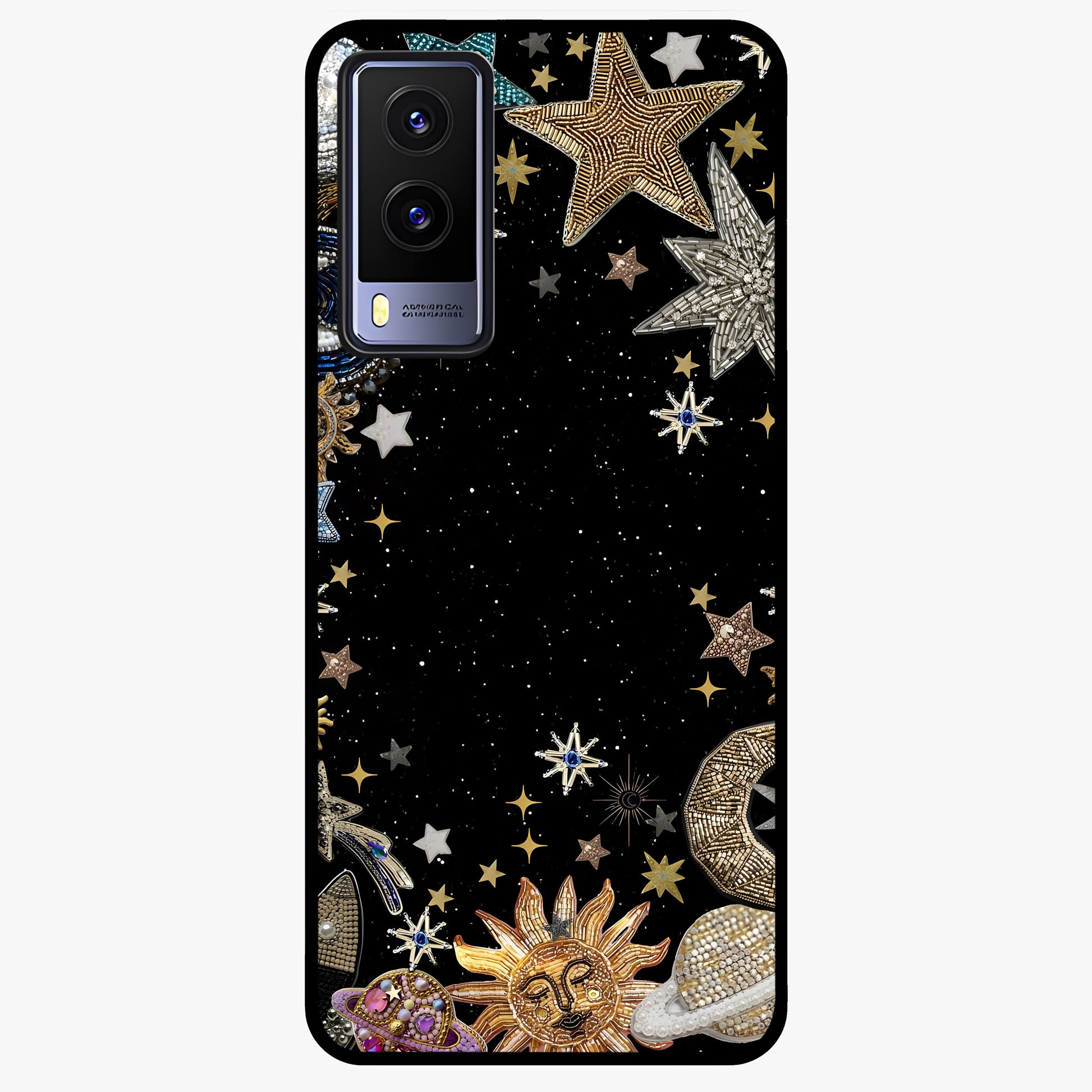 Galactic Jewel Stars Glass Case showing flat back view with sparkling star jewel artwork and glossy glass finish.