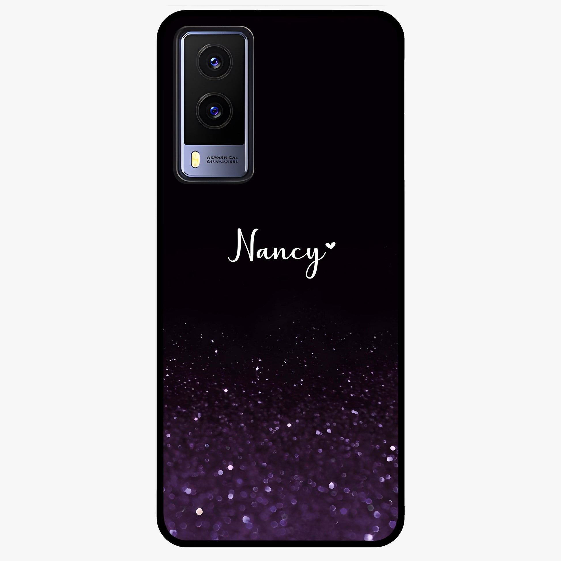 Glittery Purple Bokeh Custom Name Glass Case showing flat back view with purple bokeh sparkle artwork and personalized name design.