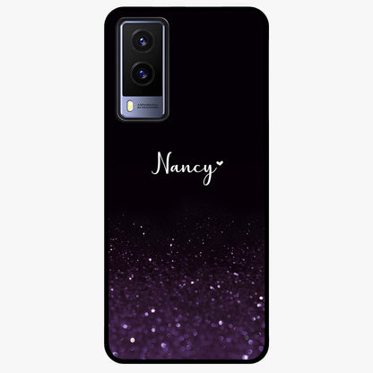 Glittery Purple Bokeh Custom Name Glass Case showing flat back view with purple bokeh sparkle artwork and personalized name design.
