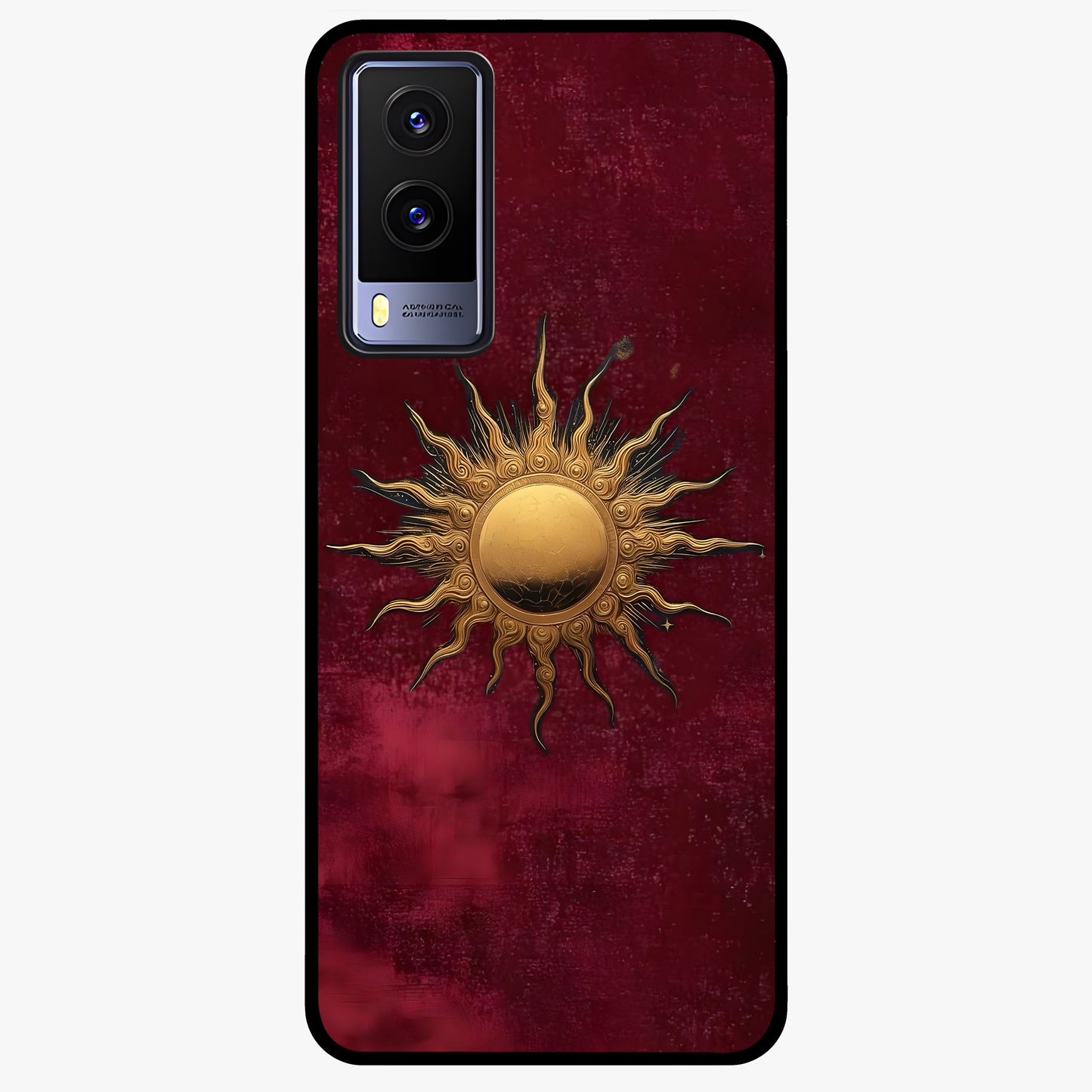 Gold Sun Blush Glass Case showing flat back view with golden sun inspired artwork and glossy glass finish.