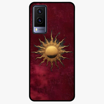 Gold Sun Blush Glass Case showing flat back view with golden sun inspired artwork and glossy glass finish.