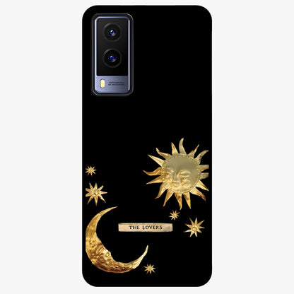 Golden Celestial Charm Glass Case showing flat back view with golden celestial charm artwork and glossy glass finish.