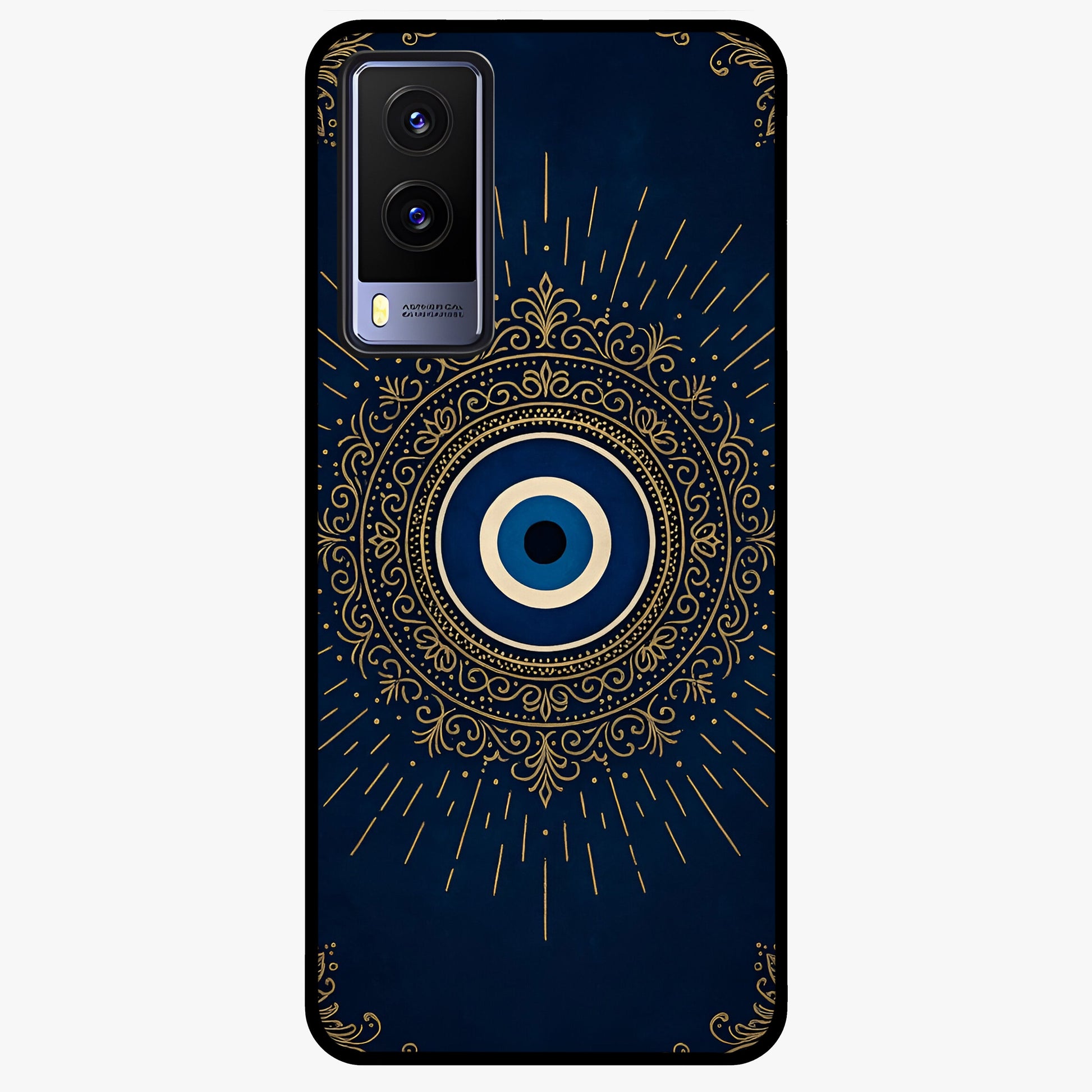 Golden Evil Eye Mandala Glass Case showing flat back view with intricate evil eye mandala artwork and glossy glass finish.