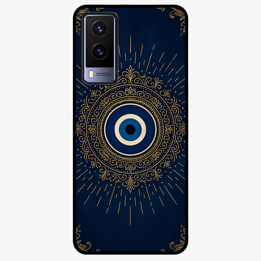 Golden Evil Eye Mandala Glass Case showing flat back view with intricate evil eye mandala artwork and glossy glass finish.