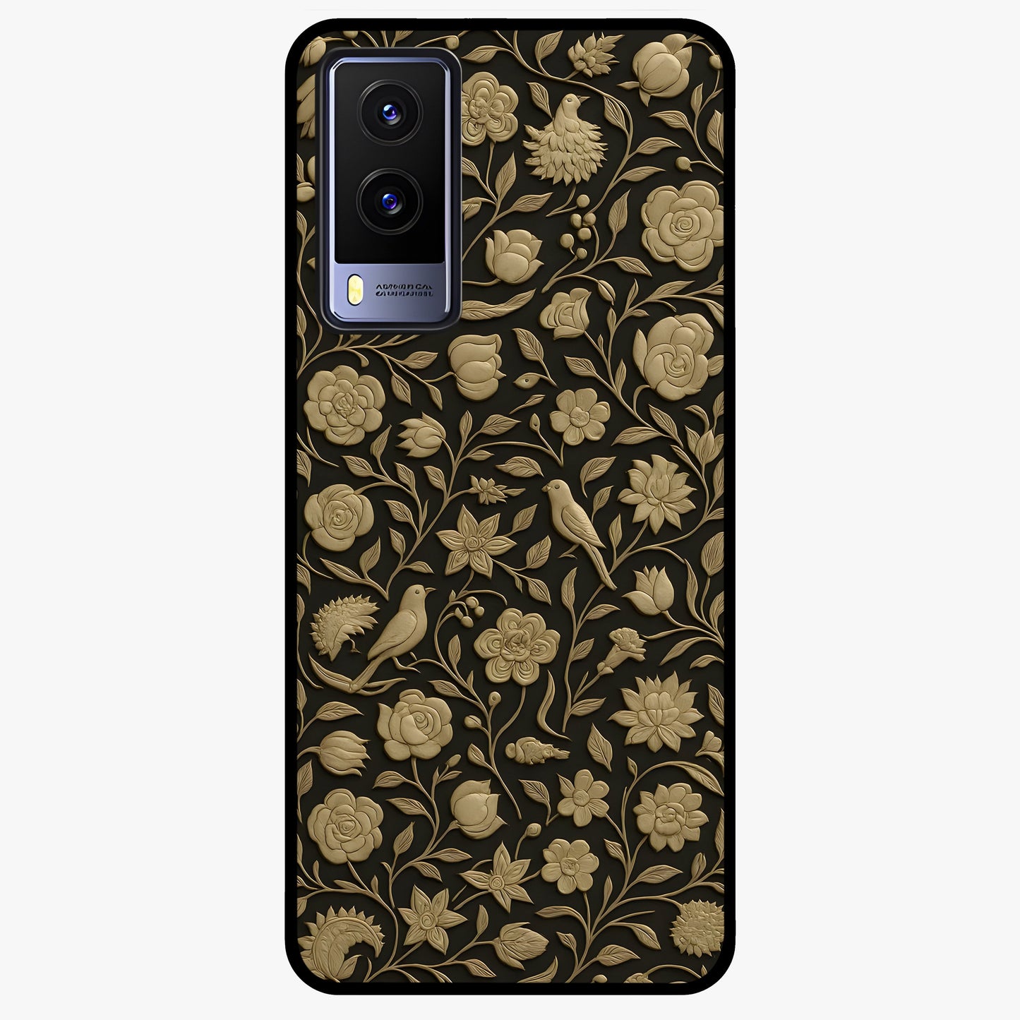 Golden Floral Majesty Glass Case showing flat back view with luxurious golden floral artwork and glossy glass finish.