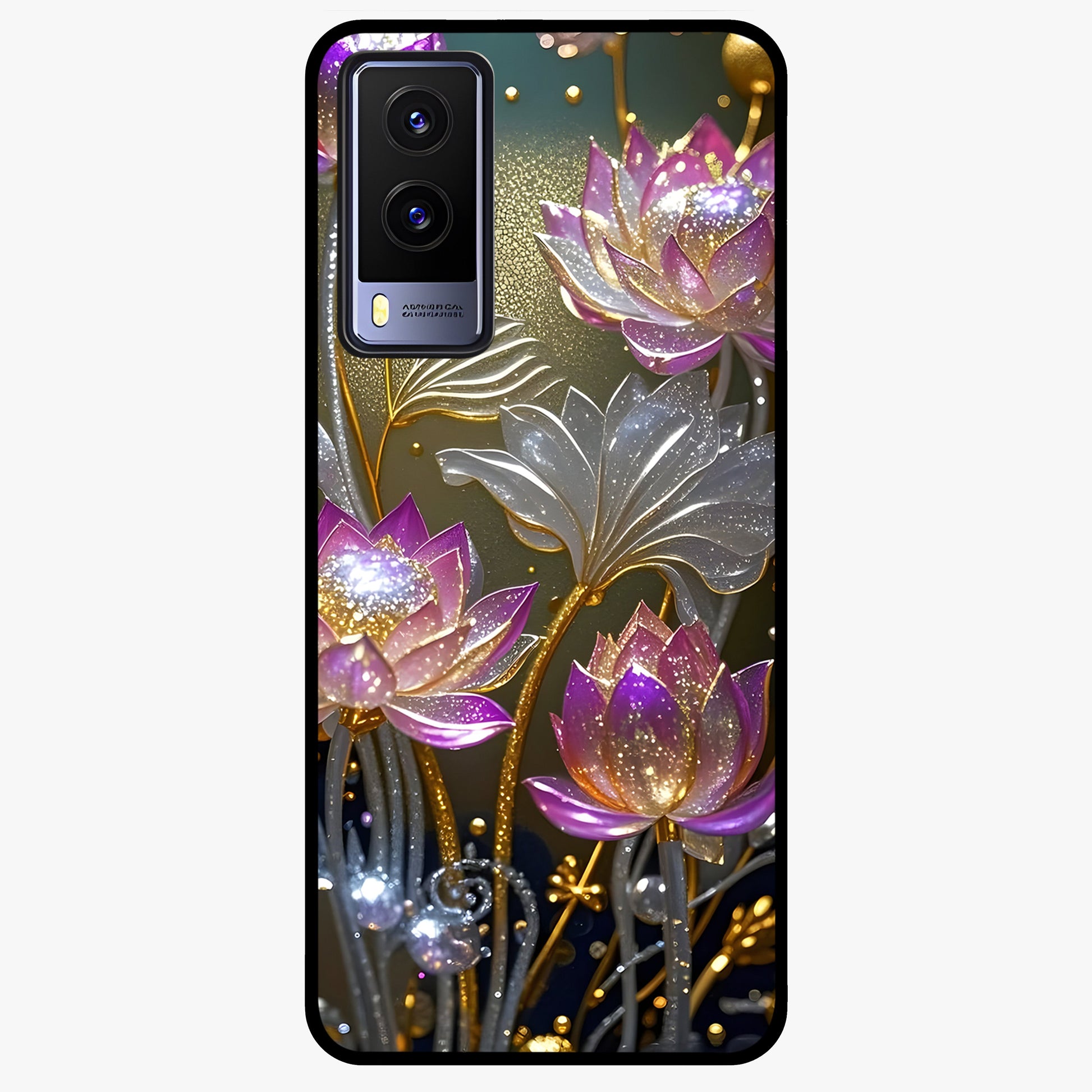 Golden Lotus Glow Glass Case showing flat back view with glowing lotus flower artwork and glossy glass finish.