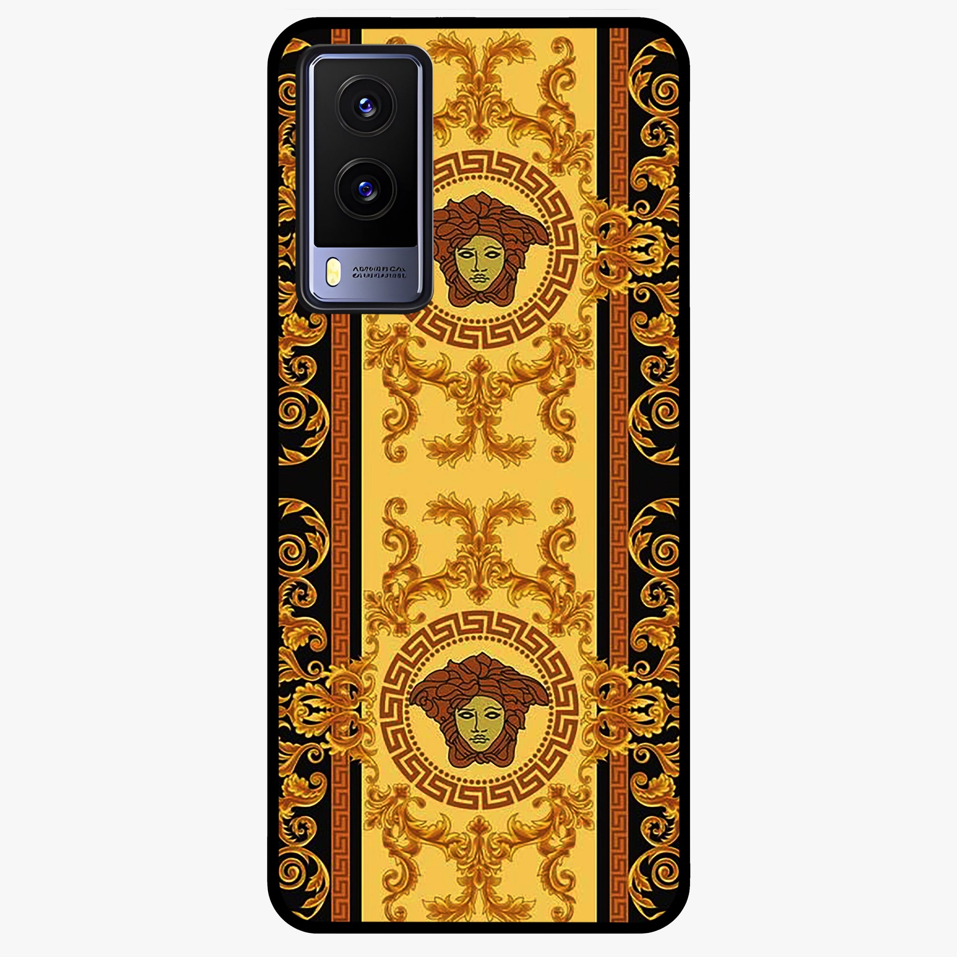 Golden Royal Heritage Glass Case showing flat back view with ornate royal pattern artwork and glossy glass finish.