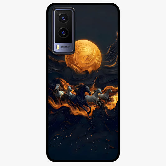 Golden Stallion Moonride Glass Case showing flat back view with majestic horse under moonlight artwork and glossy glass finish.