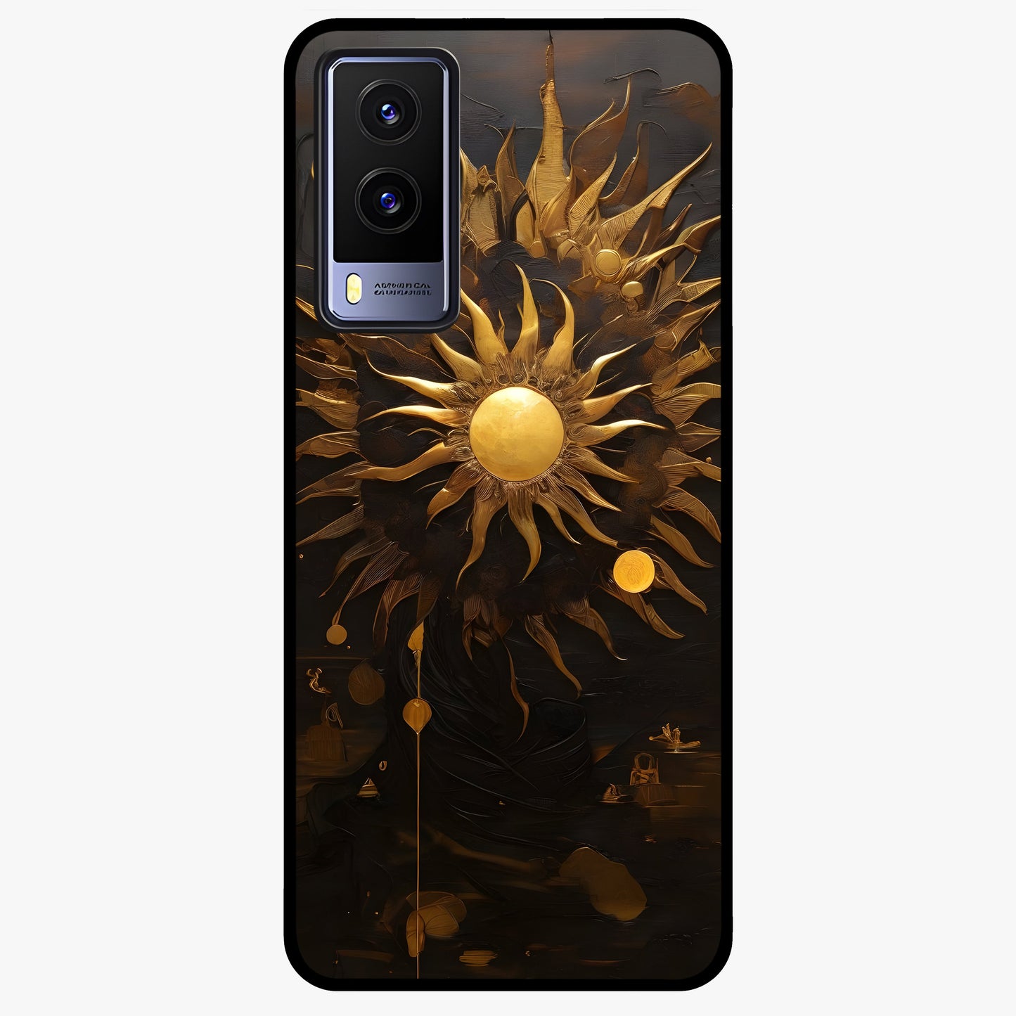 Golden Sun Majesty Glass Case showing flat back view with radiant golden sun artwork and glossy glass finish.