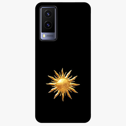 Golden Sun Minimalism Glass Case showing flat back view with minimal golden sun artwork and glossy glass finish.