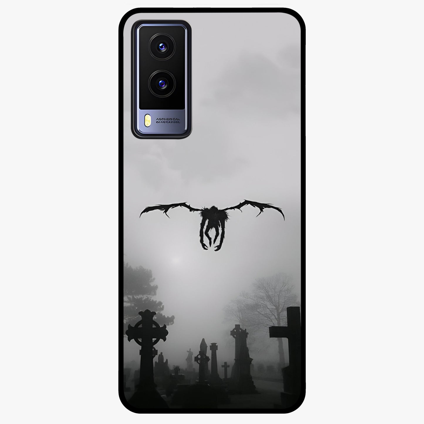 Graveyard Shadow Descent Glass Case showing flat back view with dark graveyard themed artwork and glossy glass finish.