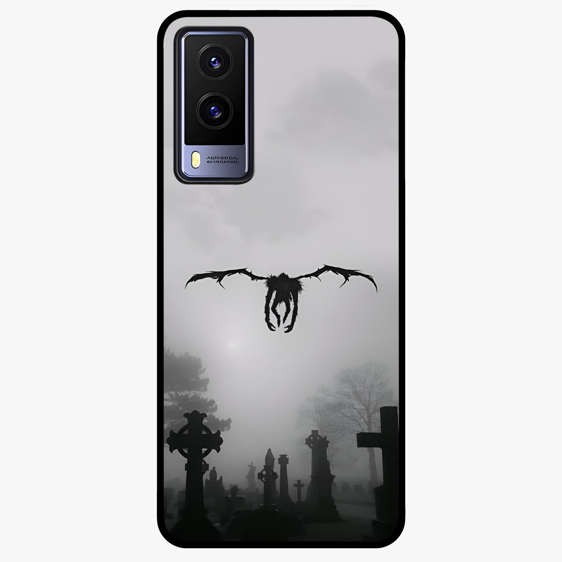 Graveyard Shadow Descent Glass Case showing flat back view with dark graveyard themed artwork and glossy glass finish.