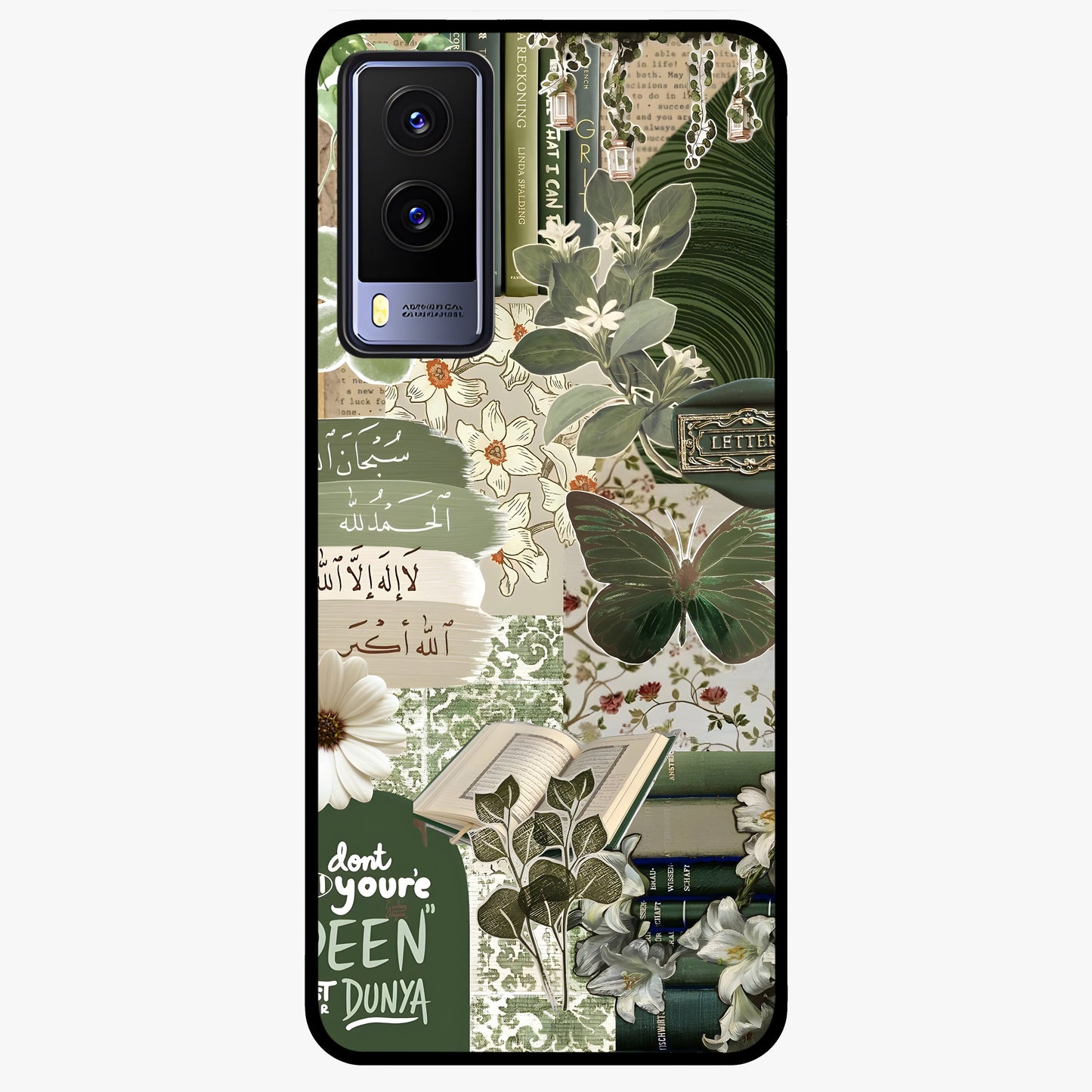 Green Islamic Books Quotes Glass Case showing flat back view with Islamic quotes and book themed artwork and glossy glass finish.