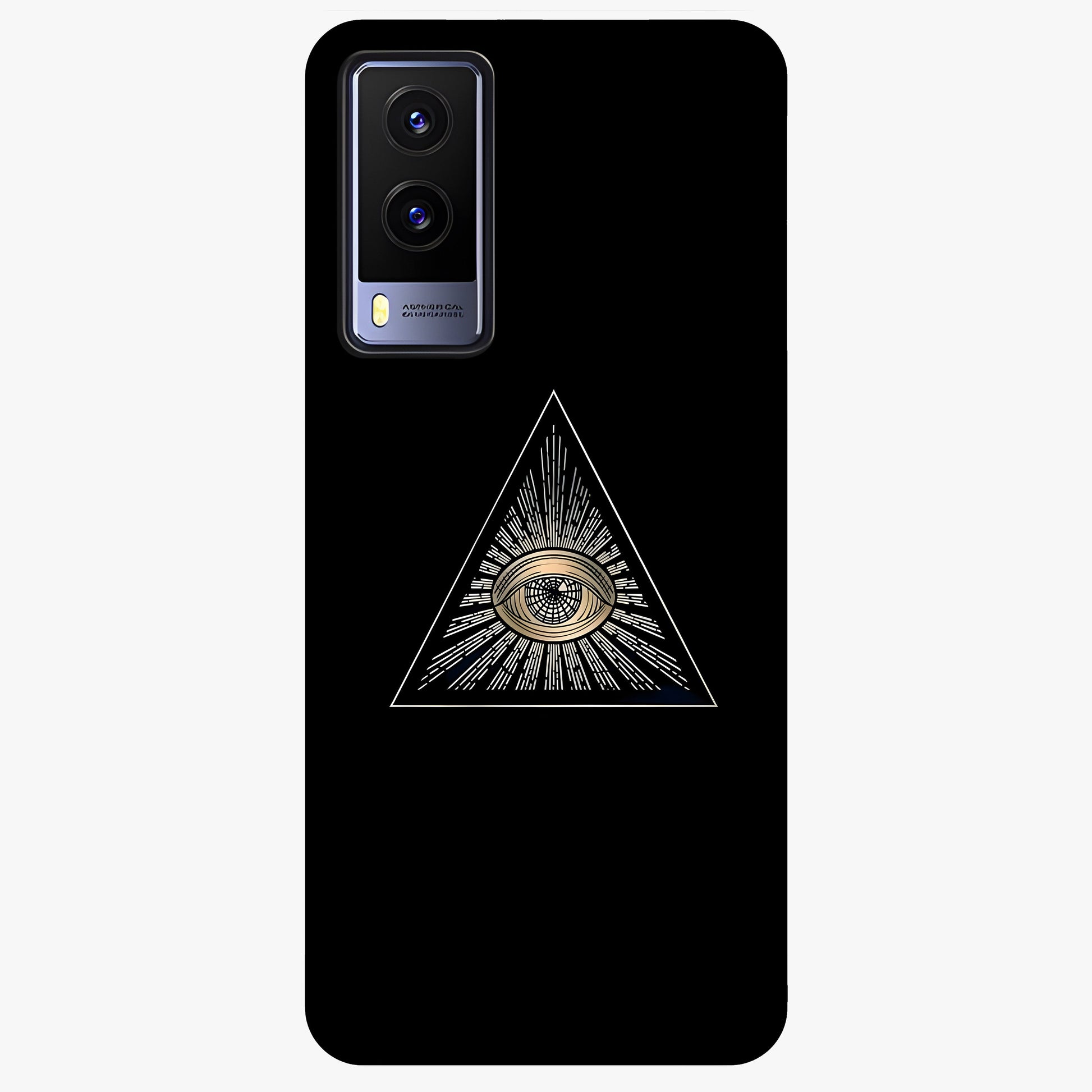 Illuminati Evil Glass Case showing flat back view with mysterious illuminati symbol artwork and glossy glass finish.