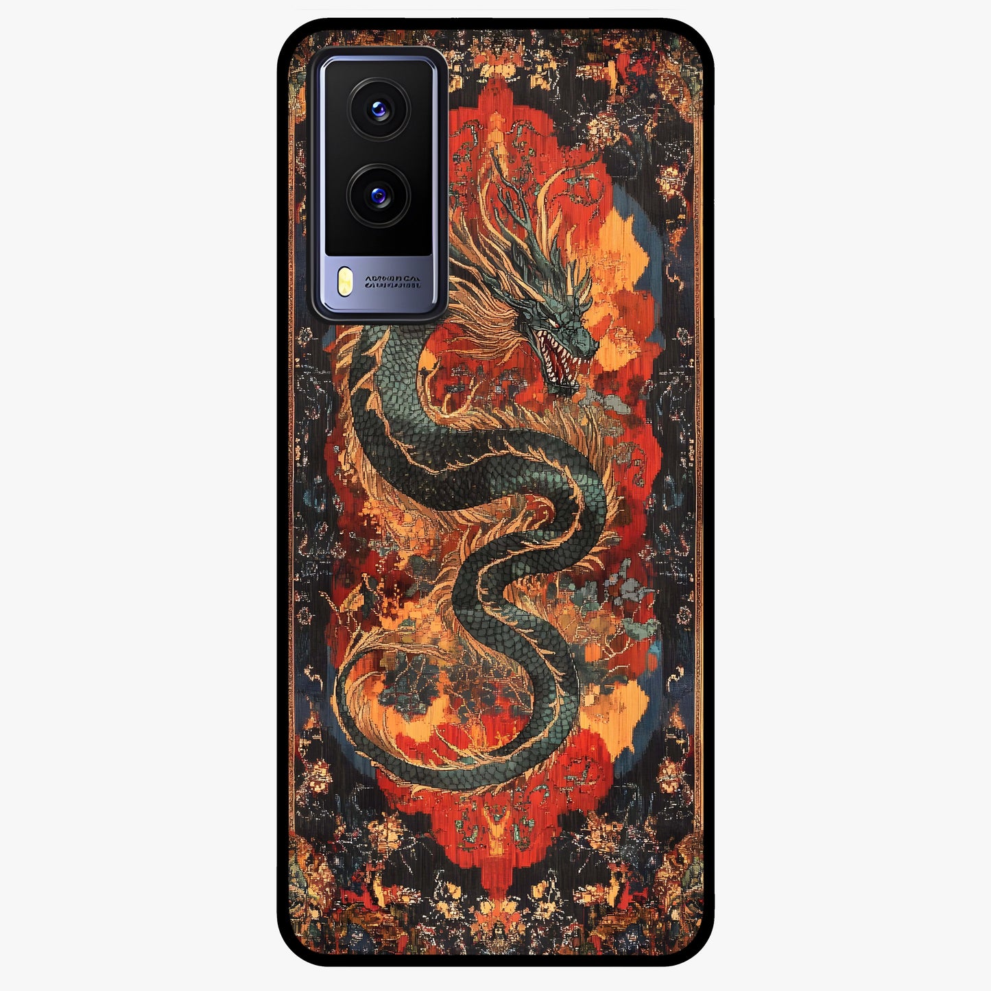 Inferno Dragon Soul Glass Case showing flat back view with fiery dragon artwork and glossy glass finish.